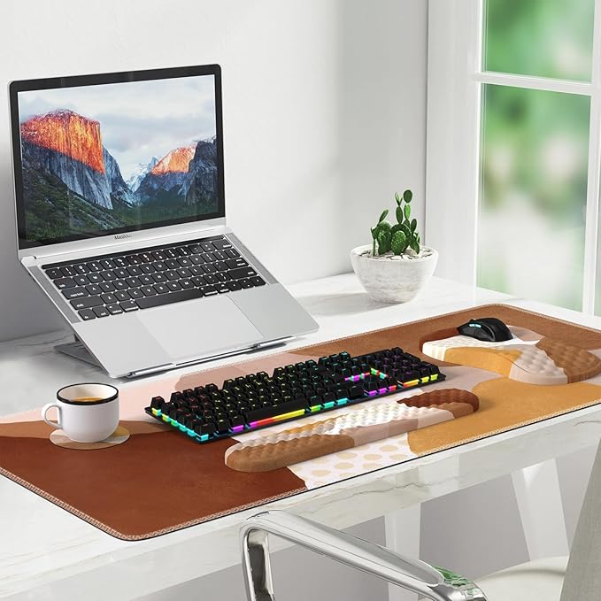 Large Mouse Pad with Wrist Rest and Keyboard Pad Desk Pad Mat Set 4PCS Carpal Tunnel Boho Mousepad with Wrist Support Combo XXL Computer Office Desk Matt for Desktop Laptop Brown Coffee