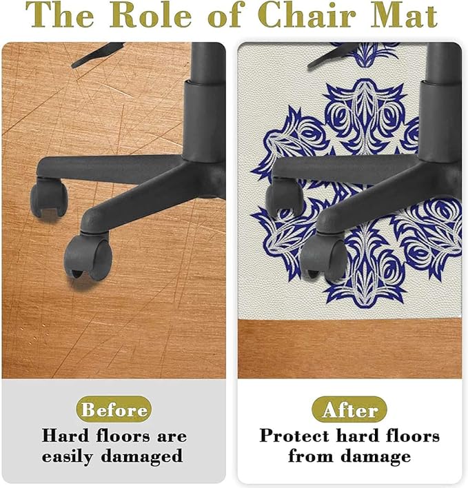 Navy Blue White PU Leather Round Area Rug Swivel Chair Mats for Hardwood Floor Old Fashioned Motifs Floor Protector Office Chair Mat Gaming Chair Mat Blue and White Diameter 39.4 in