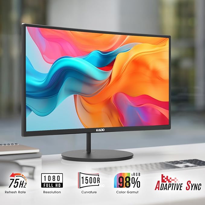 Kado Triple Monitor Setup - 3-Pack 24 1920x1080 Curved Computer Monitor 1500R 75Hz VESA Mount HDMI Office Gaming Hybrid Sim Racing Built-in Speakers (C24 Trio Series)