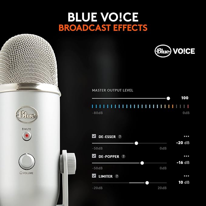 Logitech Creators Blue Yeti USB Microphone for PC Mac Gaming Recording Streaming Podcasting Studio and Computer Condenser Mic with Blue VO!CE Effects 4 Pickup Patterns Plug and Play - Silver