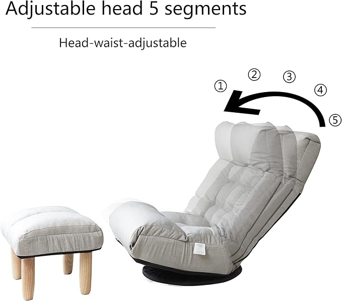 Floor Chair Swivel Chaise Lounge SofaFloor Gaming Chair with 3 Adjustable Positions Foldable Lounge Chair Indoor with Cushion Padded Backrest and Footstool for Bedroom OfficeLight Grey