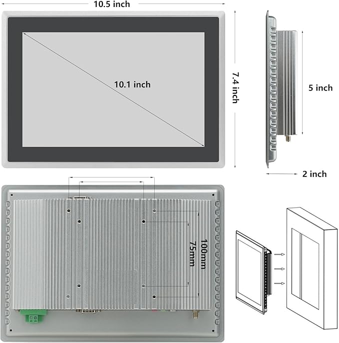 10.1 inch Capacitive Multi-Touchscreen Industrial Embedded Win-10 PC Monitor IP65 Screen with 10 Points Touch Display i5+RAM 4G+128G SSD Integrated Phoenix2pin HD-MI-Out &amp USB Ports