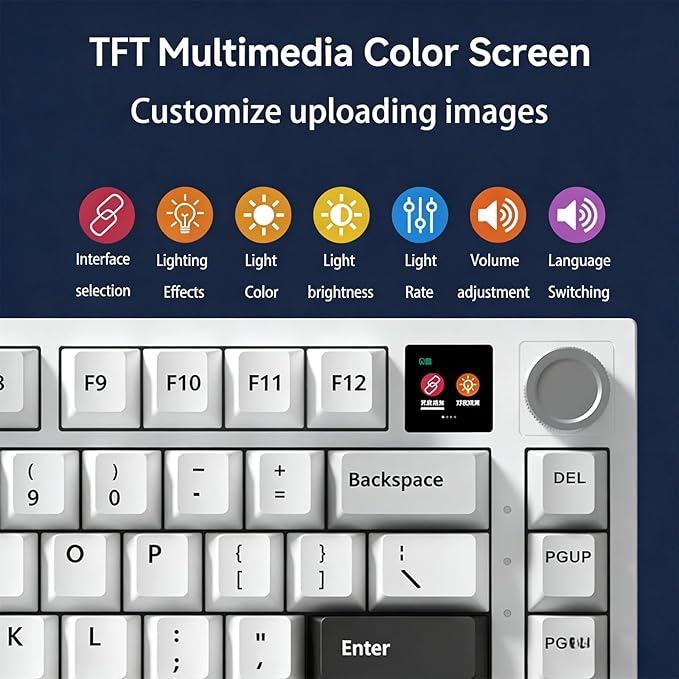 FKZ K75 Mechanical Keyboard with Knob Screen75% Hot Swap Tri-Mode Bluetooth 5.0/2.4G Wireless/Type-C Wired RGB Gaming Keyboard PCB Gasket Mount Custom Creamy Blue&ampWhite Keyboard