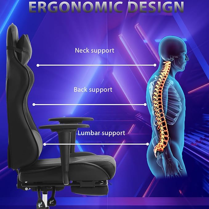 PayLessHere Racing Gaming Chair Office Massage Chair Ergonomic Recliner with Computer Desk PU Leather Lumbar Support Footrest Rolling Swivel and Task Function Ultimate Comfort for Adults (Black)