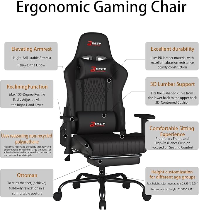 Video Game Chair with Footrest Ergonomic Gaming Chair Comfortable Office Chair Height-Adjustable 360° Swivel Base and Headrest(1002-Black)