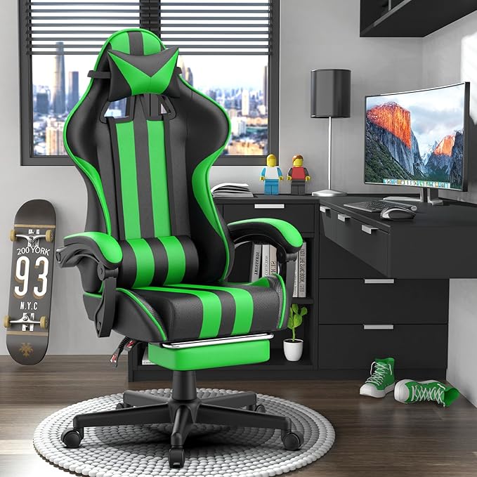 Huracan Gaming Chair with Footrest Adjustable Video Game Computer Chairs for Adults Reclining Backrest Office Desk Chair with Headrest and Lumba Pillow Green