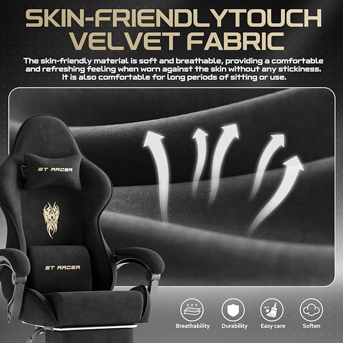 Soontrans Comfortable Video Gamer Chairwith Footrest Ergonomic Velvet Fabric Gaming Chair for Adult Reclining Desk Game Office Computer Chairs with Massage Lumbar CushionHeadrest