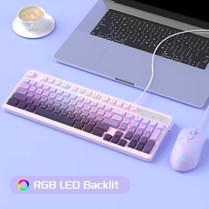 MageGee Gradient Purple Creamy Keyboard and Mouse ComboMageGee GK980 Wired RGB Backlit Keyboard and Gradient Purple Gaming Mouse ComboPC Keyboard and Adjustable Sensitivity Mouse for PC/loptop/MAC
