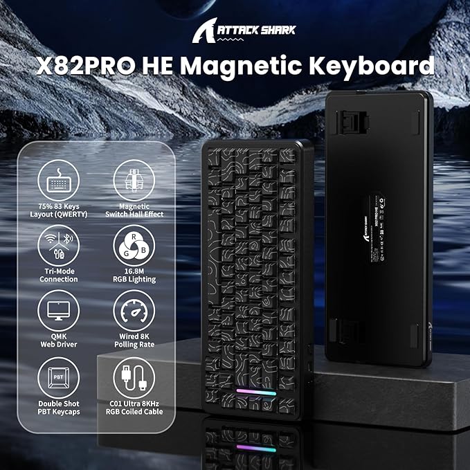 ATTACK SHARK X82 PRO HE Magnetic Gaming Keyboard8KHz Polling RateAdjustable Actuation Rapid TriggerTri-Mode Wireless PC Keyboard with 5000mAh BatteryCloud/Software Driver for Win/MacBlack Line