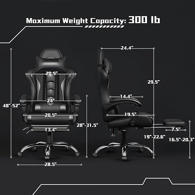 Yaheetech Gaming Chair Video Game Chair with Massage Lumbar Support and Footrest Height Adjustable Ergonomic Computer Chair with Swivel Seat and Headrest Full Black