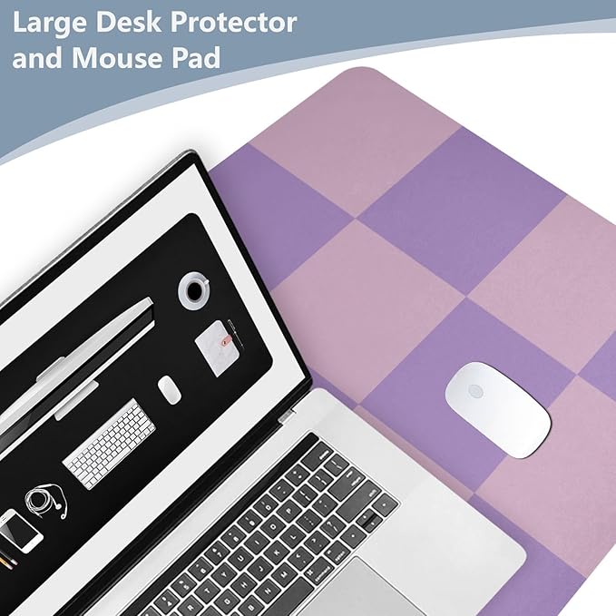 Mouse Pad Desk Mat Leather Desk Pad Large Gaming Desk Cover Protector Mat for Keyboard Computer Laptop Office Waterproof 35.4 x 16.5 Inch Checkered Purple