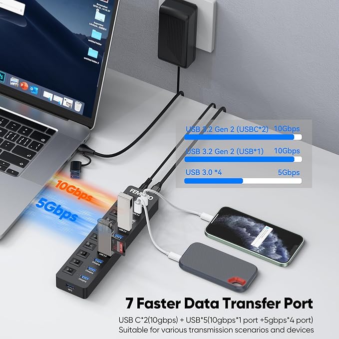 Powered USB C Hub 3.2 11-Port 48W USB-C 3.2 (10Gbps)*2 + USB-A 3.2 (10Gbps)*1 + USB-A 3.0 (5Gbps)*4 + Power-only Port*4 with 12V/4A Power Adapter High Speed for Laptop PC Phone SSD HDD Flash Drive