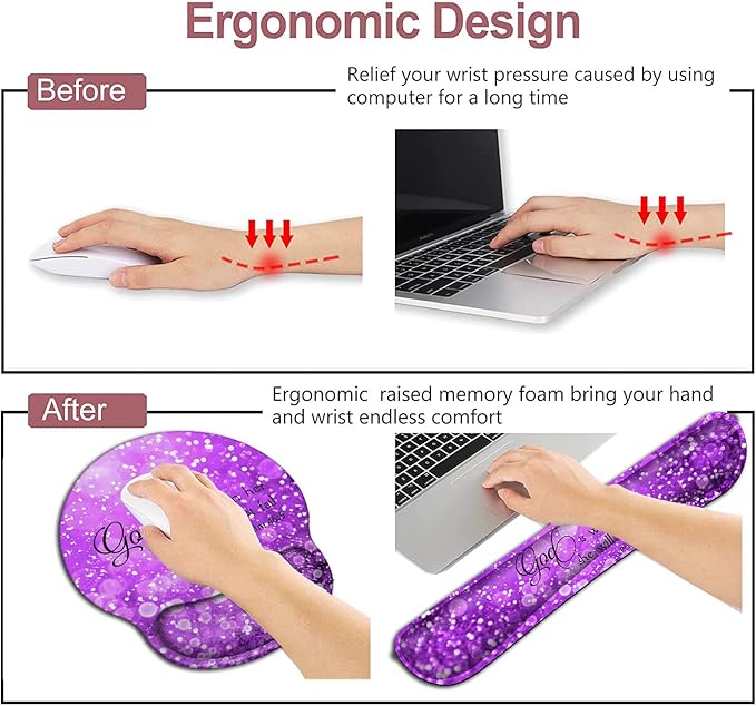 Mouse Pad with Wrist Support Ergonomic Gel Mouse Pad Memory Foam Keyboard Wrist Rest Suitable forfor Women Office Typing Games Desktop Decoration Beautiful Purple Glitter and Psalm 46:5 Bible