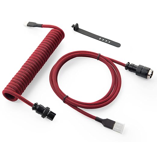 GUNMJO Pro Custom Coiled USB C Cable for Gaming Keyboard Double-Sleeved Mechanical Keyboard Cable with Detachable Metal Aviator 1.5M USB-C to USB-A Red Color