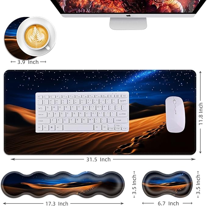 Mouse PadLarge Desk Mat Set 4in1 XL Mousepad + Keyboard Wrist Rest+Mouse Wrist Rest+Coaster with Ergonomic Desk Pad for Home Office Table Computer Cover -Desert Dunes Under Starry Sky
