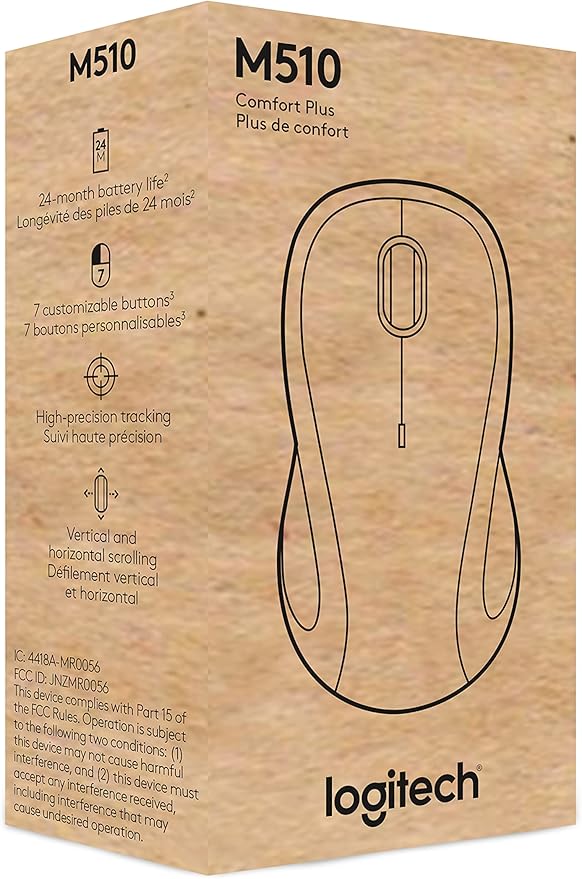Logitech M510 Wireless Mouse 2.4 GHz with USB Unifying Receiver 1000 DPI Laser-Grade Tracking 7-Buttons 24-Months Battery Life PC/Mac/Laptop - Graphite