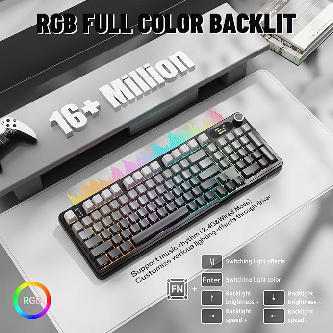 MAMBASNAKE Attack Shark X98 Pro Wireless Mechanical Keyboard with Screen &amp Knob2.4G/USB-C/BT5.0 Gasket Hot Swappable Creamy Keyboard102 Keys Web Driver RGB Gaming Keyboard for PC/Mac/PS4/Xbox