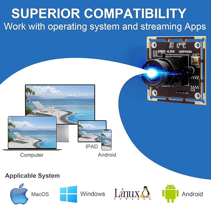 1080P USB Camera Module for Raspberry Pi 2MP 30FPS CMOS IMX323 Low Light Webcam with 3.6mm Lens Industrial Lightburn Camera Board for Windows Linux Mac OS