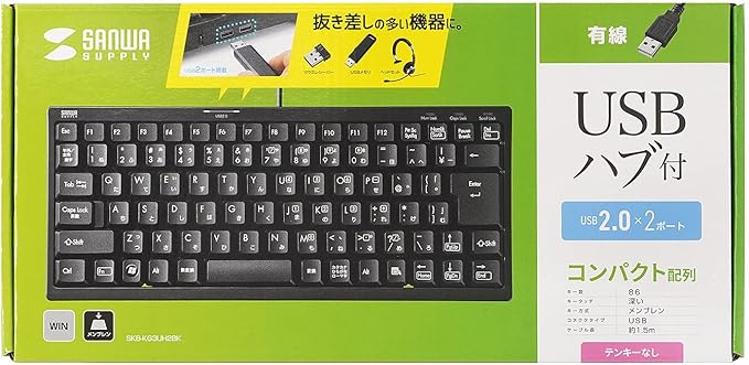 Sanwa Supply SKB-KG3UH2BK Compact Keyboard with USB Hub Black No Numeric Keypad
