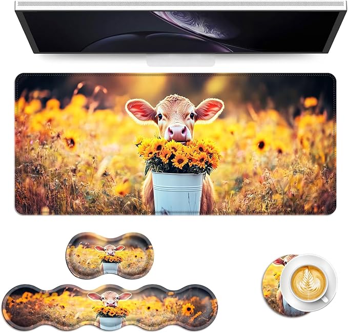 Keyboard Mouse Pad Set Extended Gaming Mouse Pad+Ergonomics Keyboard Wrist Rest Support Memory Foam Easy Typing Pain Relief 4Pcs XL Ultra Thick Desk MatCalf Sunflower Field