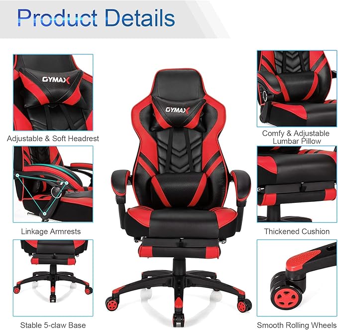 GYMAX Gaming Chair Ergonomic Computer Chair with Footrest Linkage Armrests &amp Lumbar Cushion Big Wide High Back Video Gaming Chair Reclining Office Rolling Chair for Adult/Teens (Red)