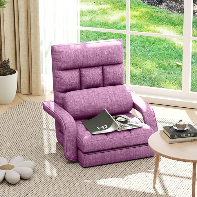Floor Gaming Chair 6 Position Adjustable Indoor Chaise Lounge for Teens Adults Padded Folding Sofa with Armrests and Pillow Comfy Chair for Meditation Reading Purple