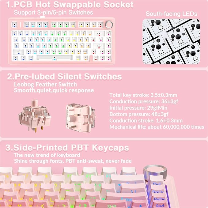 AULA F75 Pro Wireless Mechanical Keyboard Silent Version75% Hot Swappable Custom Keyboard with KnobRGB BacklitPre-lubed SwitchesSide Printed PBT Keycaps2.4GHz/USB-C/BT5.0 PC Gaming KeyboardsPink