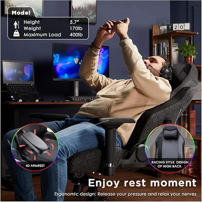 Office Chair Gaming Chair Ergonomic PC Game Chair- Lumbar Support Headrest 4D Armrests Computer Chair Big and Tall Comfortable(Grey)