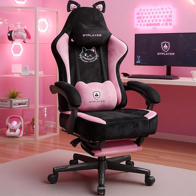 Pink Gaming Chair Cute with Cat Ears Ergonomic Computer Chair with Cat Embroidery Adjustable Memory Foam Lumbar Support and Headrest Comfortable Reclining Office Chair for Girls Teens Women