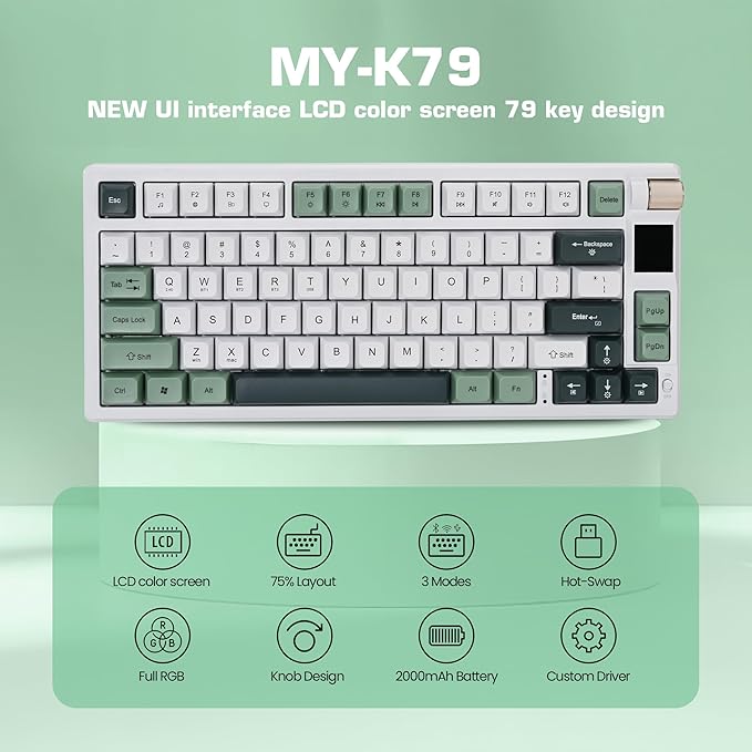 MY-K79 Gradient Wireless Mechanical KeyboardLinear Red Axis Gaming Keyboard with TFT Smart Display&ampKnobHot Swappable Gasket Mount 75% Layout with KnobRGB Backlit Bluetooth/2.4G/USB-C (Gray)