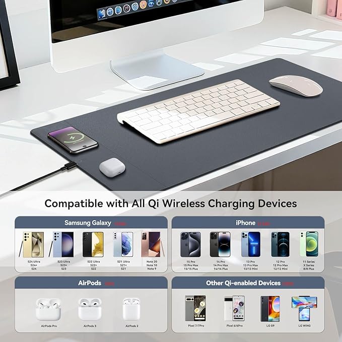 Wireless Charging Mouse Pad 15W Fast Charge Magnetic Charger Desk Pad Large Office Desk Mat (35.4x16.9) with Ultra-Smooth Surface Gray Computer Mousepad for MacBook PC Laptop