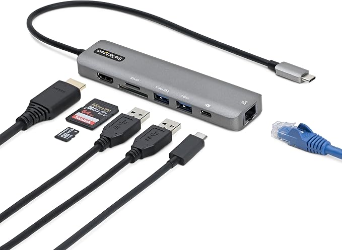 StarTech.com 7-in-1 USB-C Hub Extra Long Cable Multiport Adapter with Gigabit Ethernet 4K 60Hz HDMI Gigabit Ethernet SD/microSD and 100W Charging for MacBook Pro/Air and Windows