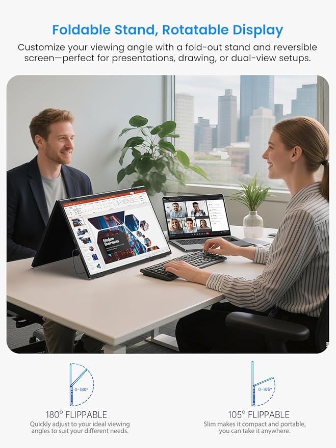 15.6 Dual-Screen Portable Monitor 350 Nits 1200:1 FHD IPS Seamless Extended Display Dual Device Connection Type-C/HDMI Anti-Glare Eye Care 105° Foldable Stand for Work &amp Travel