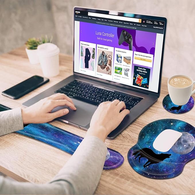 CUISHAN Ergonomic Gel Mouse Wrist Rest Pad and Keyboard Set Anti-Slip PU Bottom Easy Typing Relieve Pain with Cute Coaster Set (3-Fantasy Wolf Moon Galaxy)