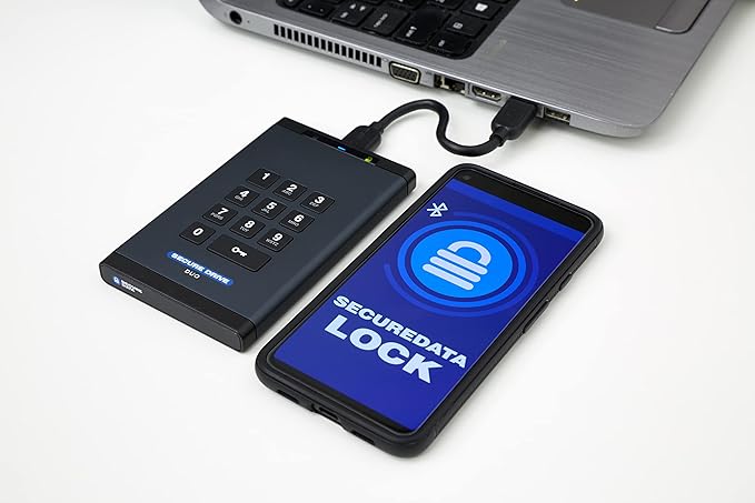 SecureData SecureDrive® DUO (500GB) - HDD - FIPS-140-2 Level 3 Compliant TAA Compliant 256-Bit Hardware Encrypted External Portable Hard Drive USB 3.0 - Unlock via Mobile App or On-Board Keypad