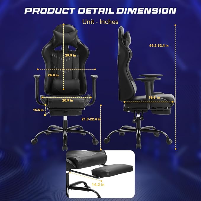 Gaming Chair with FootrestErgonomic Office ChairAdjustable Swivel Desk ChairReclining Computer Chair with Lumbar Support and HeadrestRacing Style Video Gamer ChairBlack
