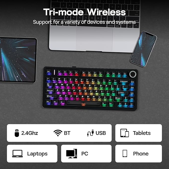 EPOMAKER x Aula F75 Ultra Wireless Gaming Keyboard with Knob 10000mAh Hot Swap RGB PBT Keycap Creamy Sound VIA 75% Mechanical Keyboard for Win/Mac (Black Reaper)