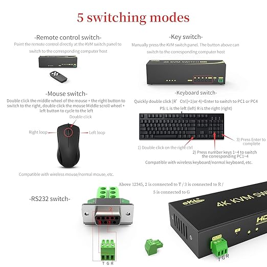 eKL HDMI KVM Switch 4 in 2 Out Dual Monitor Extended Display 4K@60Hz 4:4:4 with Audio and USB 2.0 Hub Sharing PC Monitor Keyboard Mouse Switcher