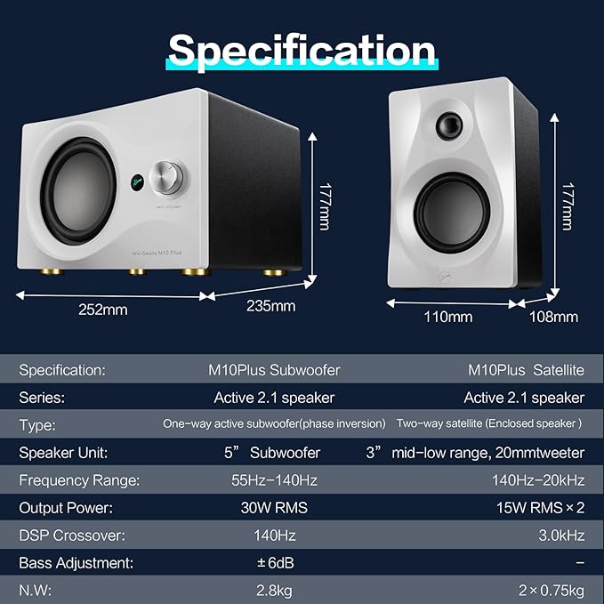 HiVi-Swans M10 Plus White Bookshelf Speaker Bluetooth Powered Computer Speakers with Subwoofer 2.1 Home Speakers Stereo System – 60W RMS – AUX Audio