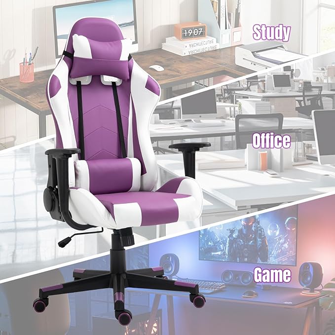 DIKEP Game Chair High-Back Recliner Chair with Headrest and Lumbar Support PU Leather Ergonomic Racing Gaming Chair with Height Adjustable and Headrest 360° Swivel Seat for Adults - Purple &amp Whi
