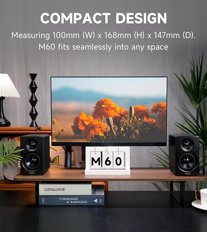 Edifier M60 Multimedia Speaker Bluetooth 5.3 66W RMS Hi-Res Audio &amp Hi-Res Wireless Audio LDAC3 Mid Bass &amp 1 Tweeter USB-C &amp Aux Inputs Compact Desktop Speaker – Black (Renewed)