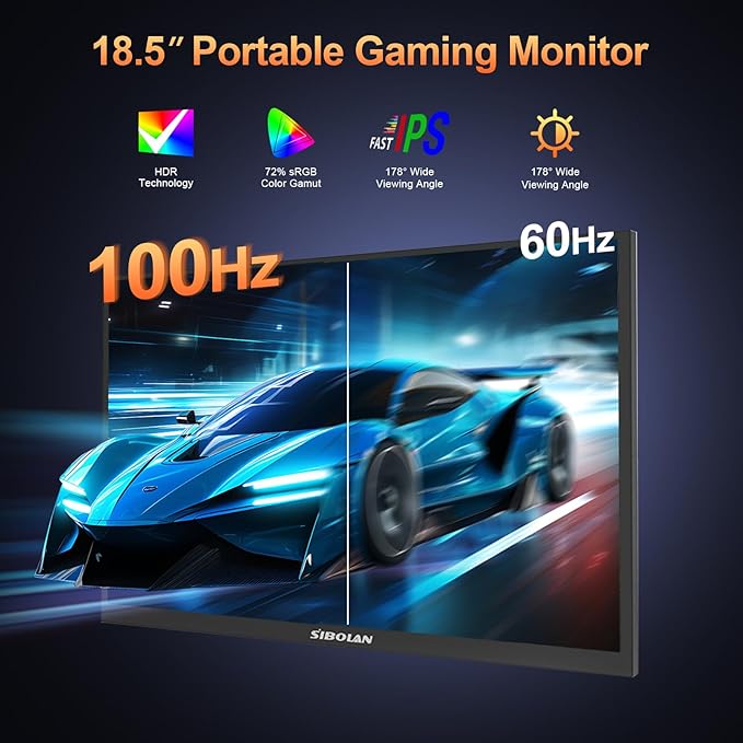 Portable Monitor 18.5inch 1080P FHD 100Hz Refresh Rate Gaming Monitor 72% sRGB IPS Panel Dual USB-C &amp Mini-HDMI for Laptop PC Phone Built-in Kickstand Speakers