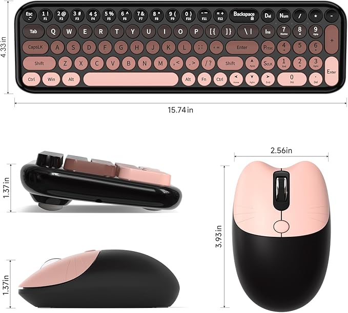 Wireless Keyboard and Mouse Combo MOWUX Compact Typewriter Retro Round Computer Keyboard Cute Optical Mouse Wireless Plug and Play for Laptop PC Computer- BlackBerry Gradient