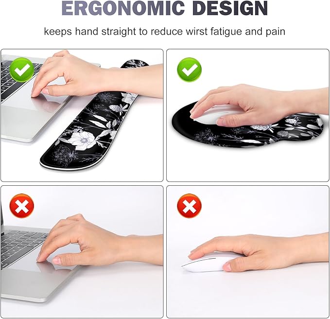 Gaming Mouse Pad Large Desk Mat Cute Desk Pad Protector 4in1 XXL Mousepad + Keyboard Wrist Rest+Mouse Wrist Rest+Coaster Set with Ergonomic Desk Pad for Home Office PC Computer Black White Flowers