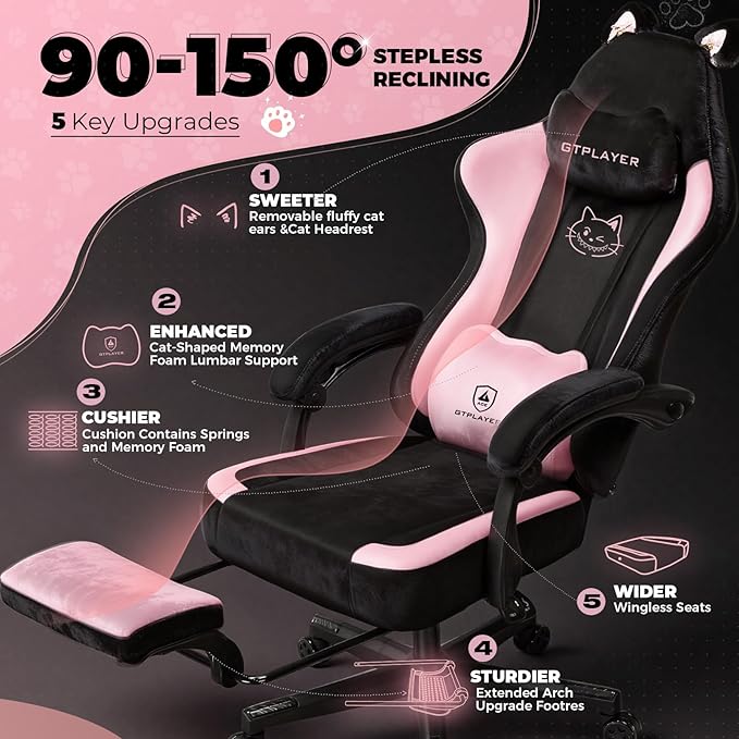 Pink Gaming Chair Cute with Cat Ears Ergonomic Computer Chair with Cat Embroidery Adjustable Memory Foam Lumbar Support and Headrest Comfortable Reclining Office Chair for Girls Teens Women