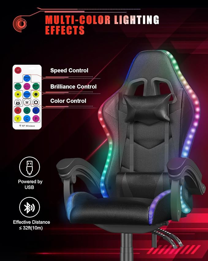 Gaming Chair with RGB LED Lights Ergonomic Computer Chair with Headrest and Lumbar Support PU Leather High Back Height Adjustable Swivel Video Game Chairs for Adults(Black)