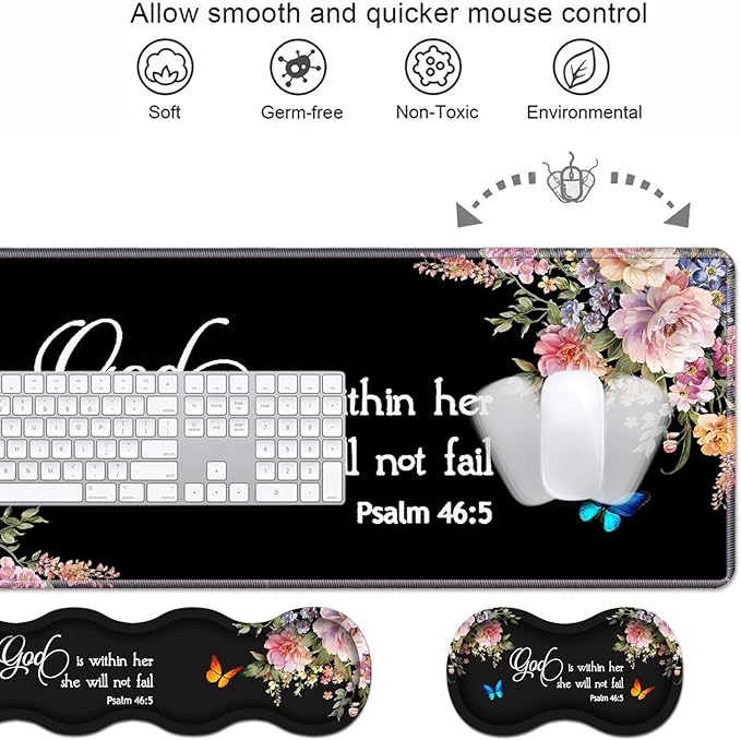 Ergonomic Keyboard Wrist Rest &amp Mouse Pad Wrist Rest Set Large XXL Gaming Desk Mat 31.5x 11.8 with Memory Foam Easy Typing Pain Relief for Office &amp Home Floral Quote Bible Verse Psalm 46: