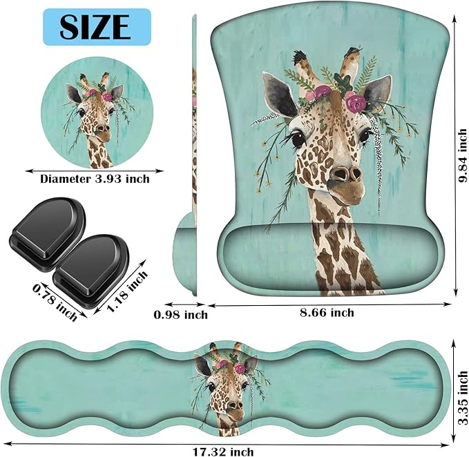 Keyboard Wrist Rest + Mouse Wrist Rest + Coaster + Invisible Hook Set Ergonomic Mouse Pad Wrist Pain Relief and Non-Slip Base Design Suitable for Office and Home Green Rustic Wood and Giraffe