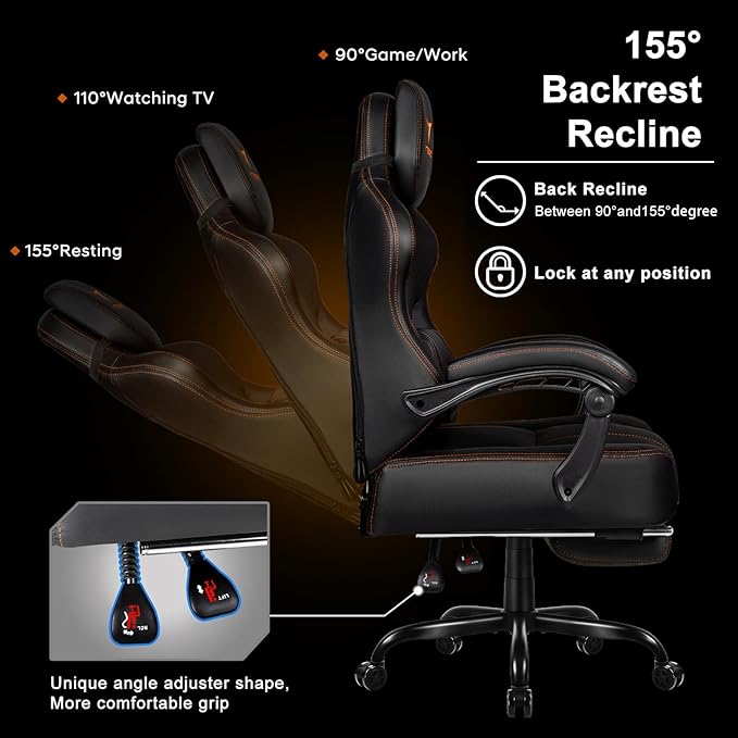 VITESSE Big and Tall Gaming Chair 400lb Weight Capacity with Footrest Ergonomic Video Game Chair for Adults with Oversized Headrest and Lumbar Pillow Computer Chair Gaming for Office (Black+Orange)