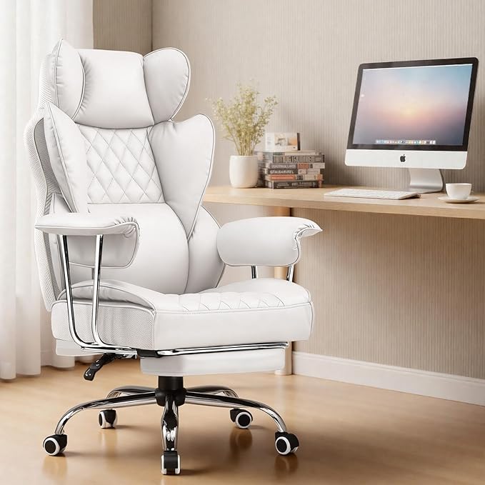COMHOMA Big and Tall Gaming Chair with Pocket Spring Lumbar Support Ergonomic Office Chair with Footrest Executive Desk Chair with Outward Fixed Soft Armrests Computer Chair with High Back White